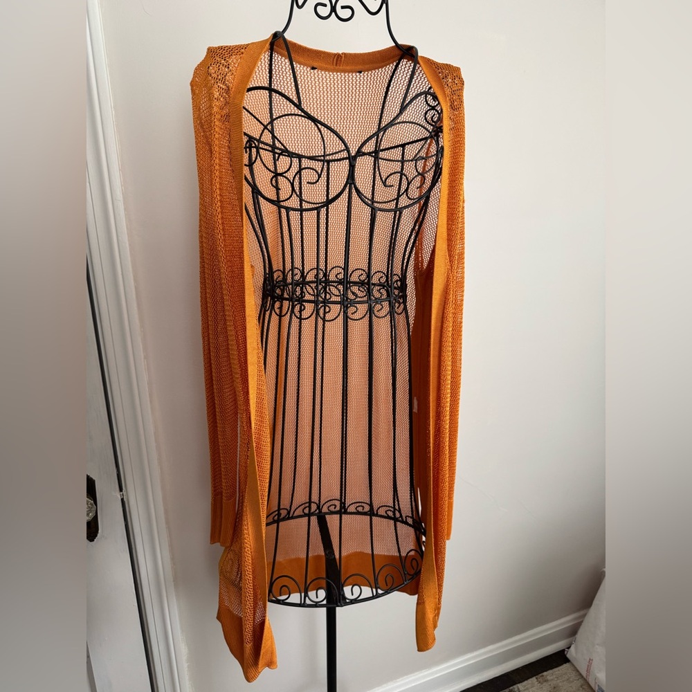 WHITE HOUSE BLACK MARKET Orange Mesh Long Cardigan/Duster